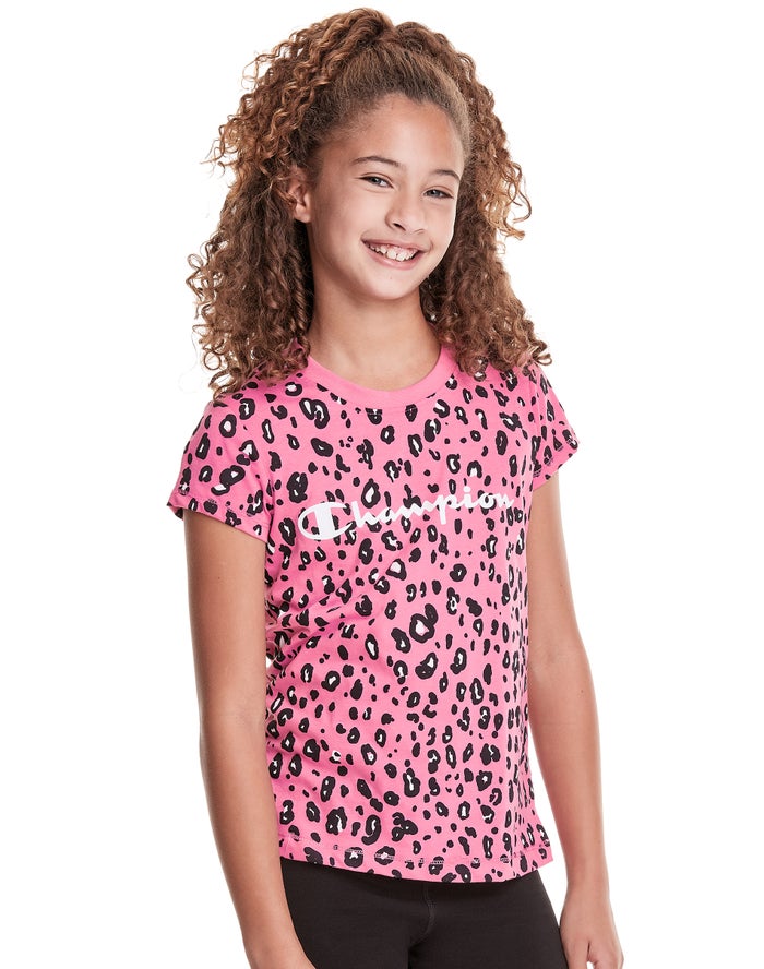 Champion Girls T-Shirt NZ - Classic Graphic Leopard Print Pink/Black ( 7410-CAISB )